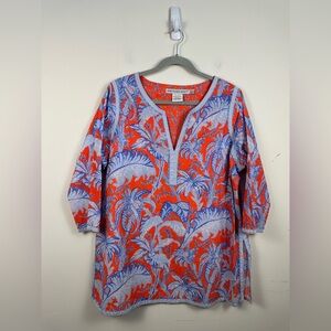 Gretchen Scott Orange and Blue 3/4 Sleeve Relaxed Tunic Cotton Size XL Beaded